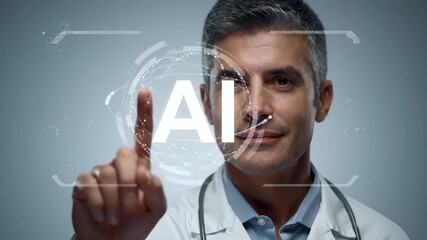 Poster - Doctor Male Artificial Intelligence AI Healthcare Technology Digital Innovation Medicine Hospital Virtual Interface Futuristic Confident Professional Stethoscope Smiling Expertise Trust Modern Science
