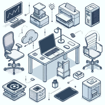 A set of isometric outline vector icons of smart office elements