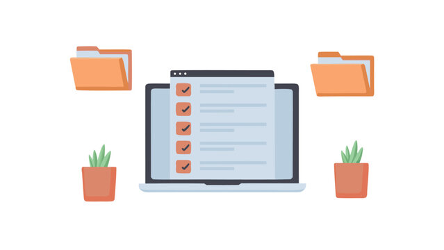 Laptop displaying a checklist with folders and plants on a white background in a flat design style