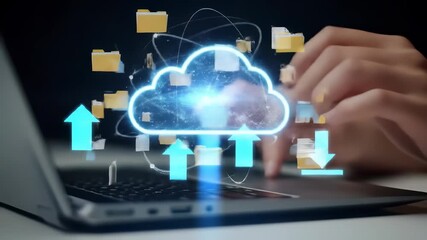Poster - Cloud computing data storage and transfer with digital folders, upload and download arrows, glowing cloud icon above laptop keyboard, technology innovation, secure online access, futuristic network