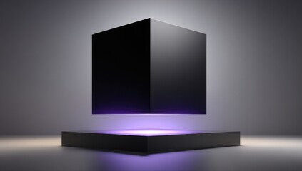 Poster - Floating black cube on a light-purple pedestal.