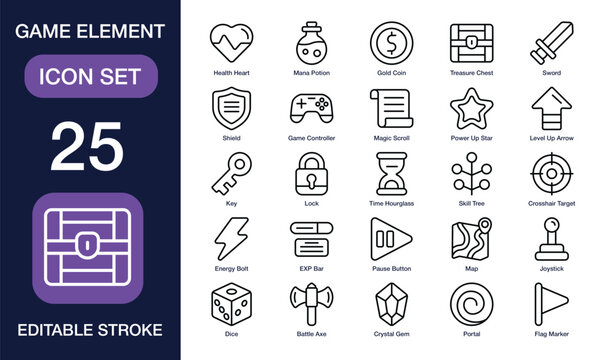 Game Element set of web icons in line style. Containing Health Heart, Mana Potion, Gold Coin, Treasure Chest, Sword, Game Controller, Magic Scroll, and more. Editable stroke
