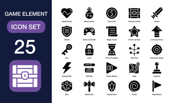 Game Element set of web icons in Solid style. Containing Health Heart, Mana Potion, Gold Coin, Treasure Chest, Sword, Game Controller, Magic Scroll, and more. High Quality