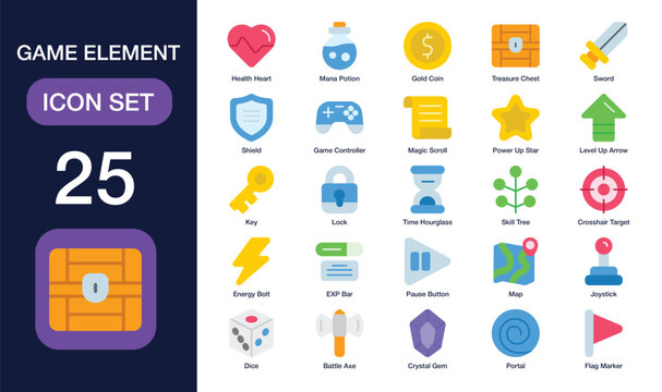 Game Element set of web icons in Flat style. Containing Health Heart, Mana Potion, Gold Coin, Treasure Chest, Sword, Game Controller, Magic Scroll, and more. High Quality
