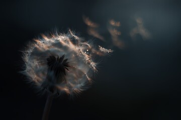 Poster - Close-up view of dandelion seeds dispersing in soft light at twilight