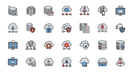 Colorful Filled Outline Icon Set for Cloud Computing, Database, and Network Security