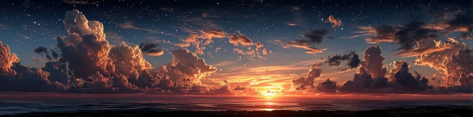 Wall Mural - Vivid sunset over ocean horizon with dramatic glowing clouds and sparkling night stars in a panoramic fantasy sky Generative AI