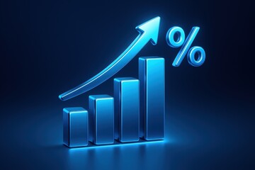 Poster - Financial Ascent: A dynamic 3D rendering showcasing financial growth, symbolized by rising bars and a percentage sign, all underscored by a striking blue hue