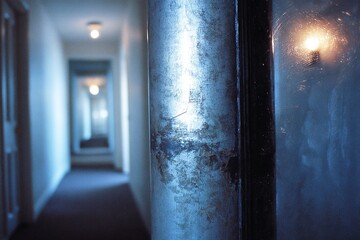 Poster - Dimly lit hallway with peeling walls and reflections at nighttime