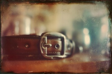 Poster - Leather belt with a shiny buckle resting on a wooden surface in a rustic setting during afternoon light