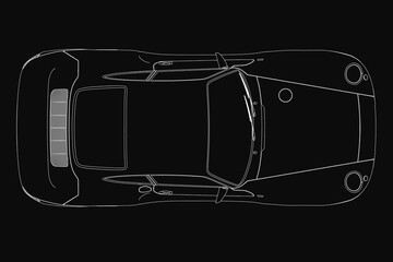 Poster - Black and white car contour drawing in top view on a dark background, showcasing sleek lines and elegant curves. The minimalist design highlights the vehicle's silhouette with clean precision.