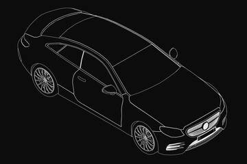Poster - Black and white car contour drawing on a dark background, showcasing detailed blueprint lines and precise mechanical outlines. The minimalist design highlights the vehicle's structure with clean.