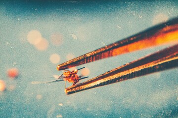Poster - Close-up view of an insect being held with tweezers in a well-lit environment reveals fine details and textures