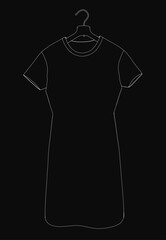 Poster - A black dress hangs on a hanger with clean white outlines against a dark background. This minimalist vector illustration features a simple silhouette with sharp contrast.