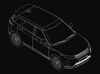 Poster - Car 3D model blueprint on black background highlights sleek contours and precise details. Clearly visible elements include the grille, headlights, and alloy wheels.