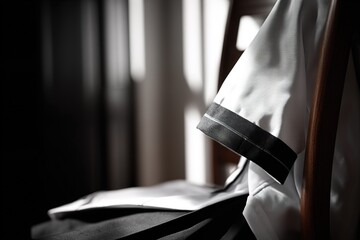 Poster - Elegant uniform hangs on a wooden chair in a softly lit room showcasing craftsmanship and simplicity