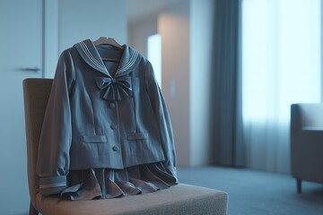 Poster - Unique blue school uniform displayed on a chair in a modern hotel room during the afternoon