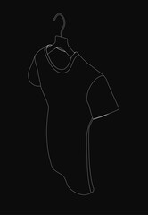 Poster - A black and white line drawing of a t-shirt hangs on a hanger against a dark background. The dress contour is clean and simple, emphasizing minimalist fashion design.