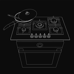 Fototapete - Black and white contour drawing of a gas stove with a pan on top, set against a dark background. The minimalist kitchen illustration features clean lines and simple details.