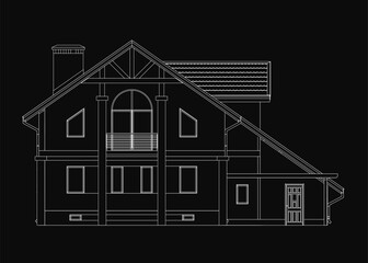Poster - A two-story house with a balcony is depicted in a black and white contour drawing. The dark background emphasizes the clean lines and architectural details.