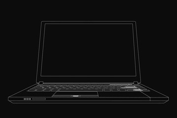 Poster - Black laptop with sleek contour design on a dark background. The glossy finish highlights the large screen and open keyboard, revealing internal components.