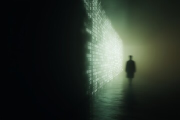 Poster - Mysterious figure stands before glowing binary wall in a foggy environment at night