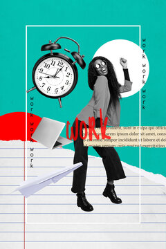 Creative art collage of young girl dancing energetic on green color background with netbook clock