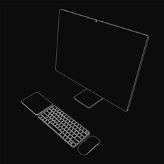 Fototapete - Monoblock with a keyboard and wireless mouse sits on a sleek monoblock setup against a black background. The clean contour design highlights modern technology.