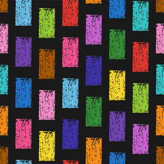 Wall Mural - Bright Creative Abstract Seamless Pattern of Hand-Drawn Rectangles on Dark Backdrop. Style of Children's Drawing.