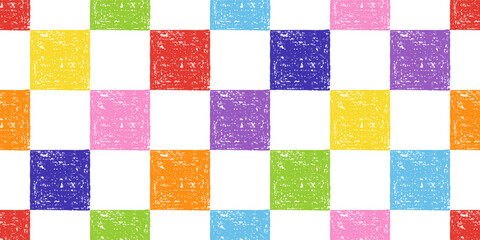 Wall Mural - Checkered Seamless Pattern of Hand-Drawn Colored Squares on White Backdrop. Style of Children's Drawing.