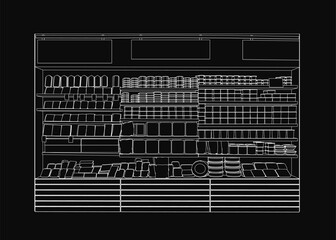Poster - A black and white line drawing of a grocery store features neatly stocked shelves filled with fruits, vegetables, and various products. The clean contour lines highlight the counter and organized.