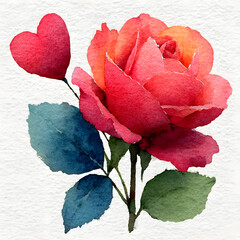 Aufkleber - Romantic Watercolor Painting of a Blooming Rose with Heart Shaped Petal
