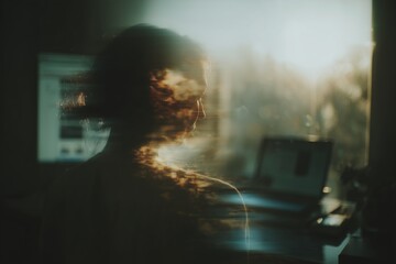 Poster - Reflection of a person in a creative workspace at sunset illuminating the room with warm tones
