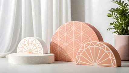 Modern abstract decorative objects with geometric patterns on a light background