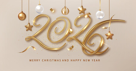 Wall Mural - 2026 Gold number for New Year banner. Festive Christmas season Design template with thin and graceful gold numbers 2026 and hanging ornaments