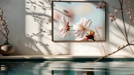 Poster - A stunning cherry blossoms painting enhances a tranquil spa space, where gentle water reflections create a serene atmosphere
