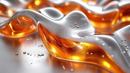 Fototapete - Abstract liquid forms in shimmering silver and orange.