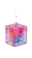 Fototapete - Translucent Cube Encasing Vibrant Geometric Forms Bathed in Sparkling Water Droplets Isolated