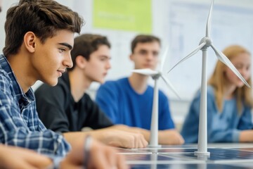 Poster - Students engaging in wind energy project with model turbines in classroom setting