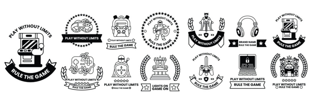 collection of badges with various themes including video games music