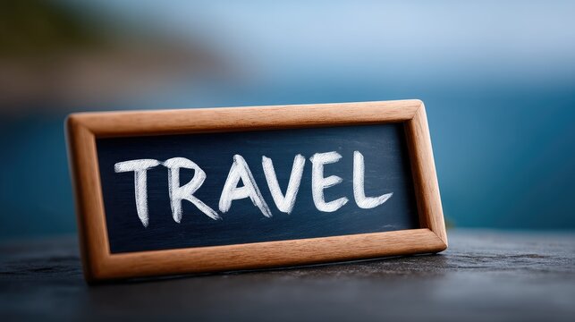 Vintage Travel Chalkboard Sign on Wooden Surface Near Ocean