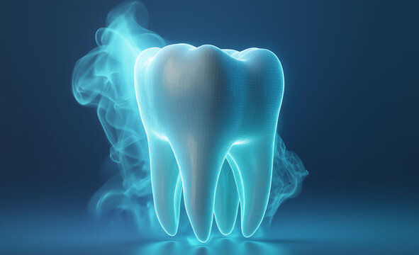 A molar is surrounded by a blue smoky aura symbolizing advanced dental