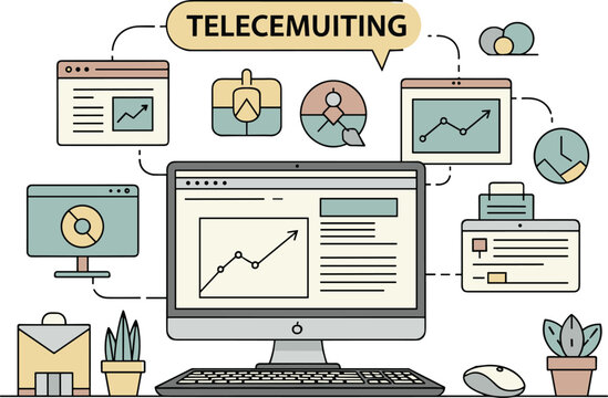 Telecommuting concept illustration showing workplace items. Remote work, office, online communication, digital tools for business.