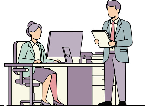 Woman sits at desk working on computer while man stands nearby with documents. Office setting, business collaboration, modern workplace, professional environment.