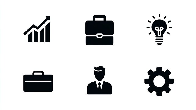 Business Icons Set: Black Vector on White Background with Charts, Briefcase, Light Bulb, Gears, Human Silhouette – Marketing and Sales Concept Illustration, Generative AI.