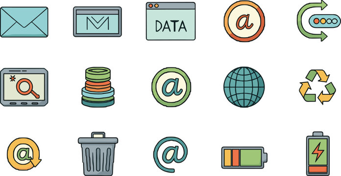 Pixelated icons represent various technology and data concepts. Digital symbols, online services, data management, information technology, network connectivity.