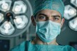 © Vadym - Surgeon in scrubs, mask, blue eyes intense focus. Operating room lights glare. Detailed medical setup, sterile sterile environment. Pro expertise, precision, advanced technology for lifesaving