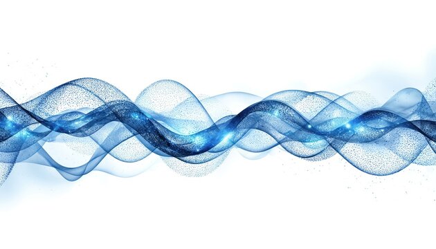 Abstract blue wave pattern featuring dynamic curves, flowing motion. Digital illustration uses smooth gradients, particle effects, suggesting futuristic technology, sound visualization, data flow.