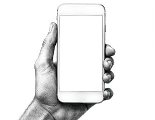 Poster - Pencil sketch illustration of a hand holding a modern smartphone upright. The blank white screen offers space for custom content. Focus on digital connection and mobile technology.