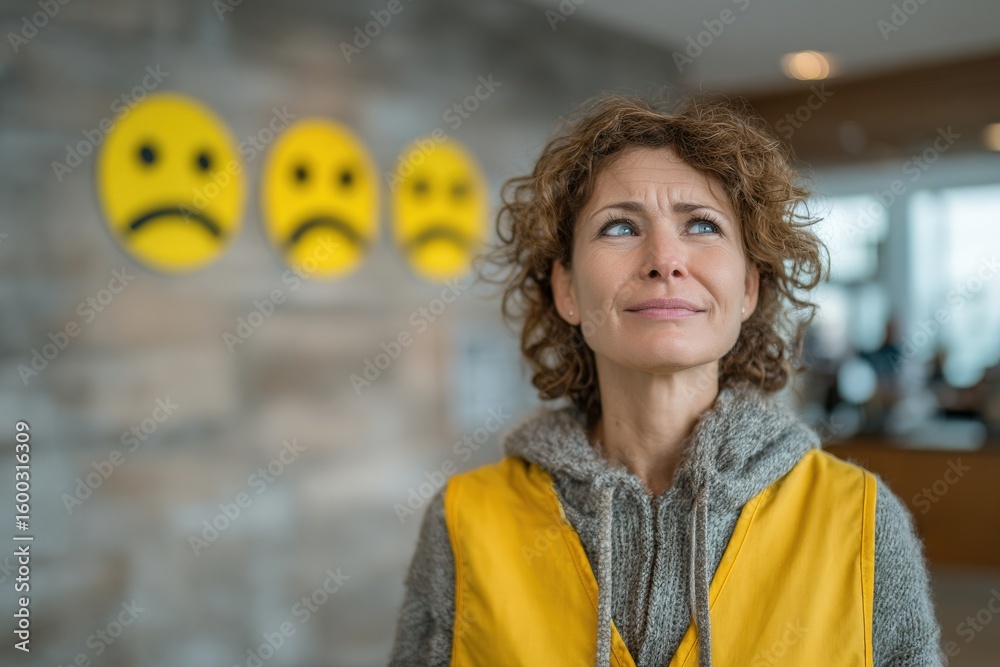 A woman wearing a yellow vest stands in an indoor setting, looking thoughtfully at three emoticons on the wall. The atmosphere is casual, hinting at a creative workspace.